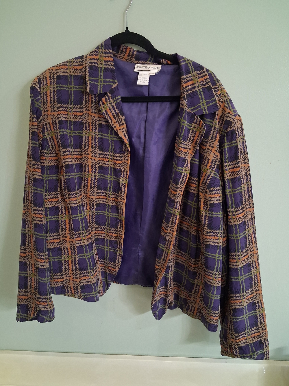 August Max Purple Plaid Blazer with Orange and Green Accents